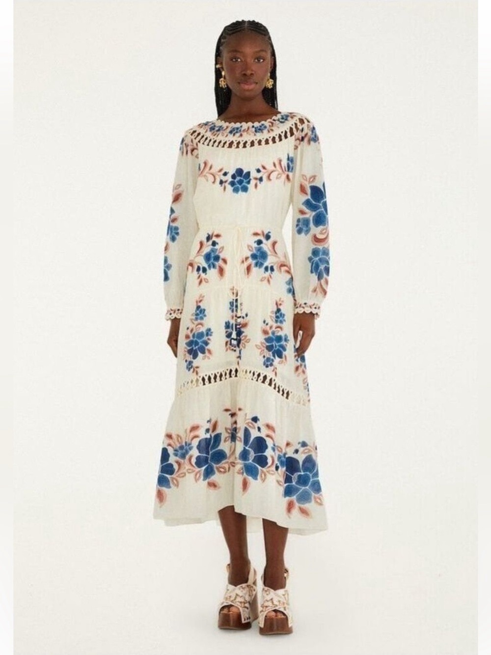 FARM Rio Cream Maxi Dress with Blue and Tan Floral Print - Picture 3 of 6